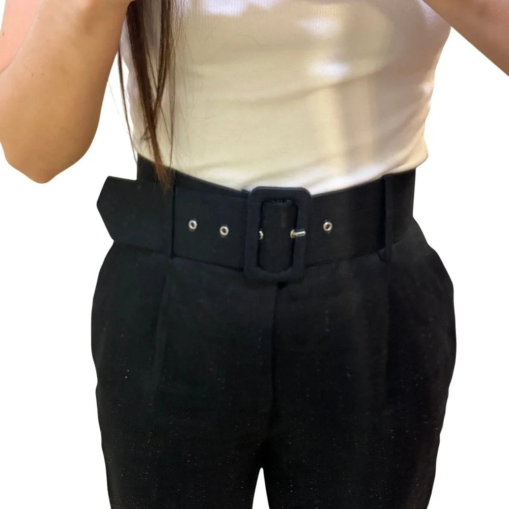 Zara Linen Pants Womens Small Black High Waisted Belted Tapered Trousers Spain